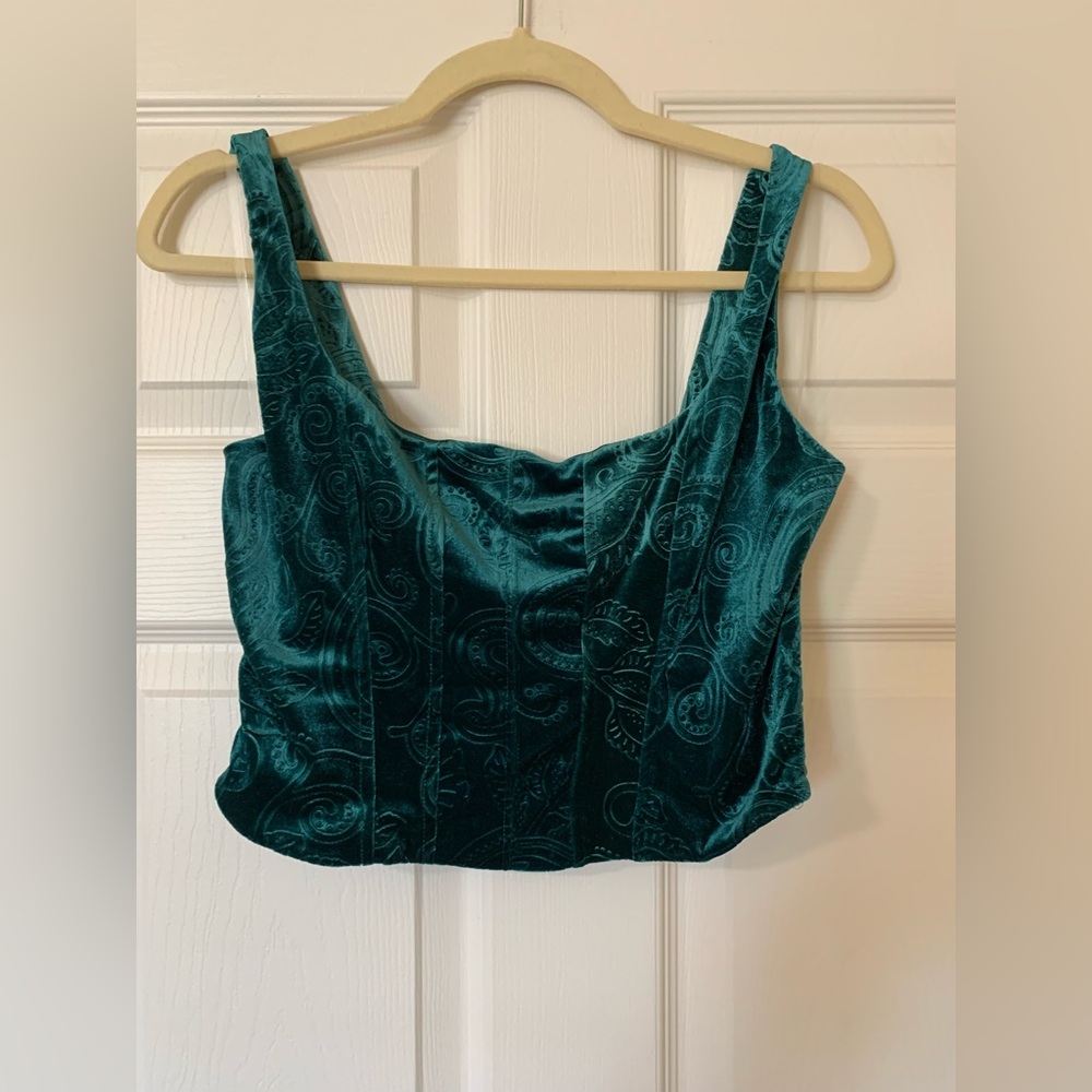 NWT Honey & Sparkle Velvet Jacquard‎ Corset Bustier Crop Top L Teal Paisley Y2K